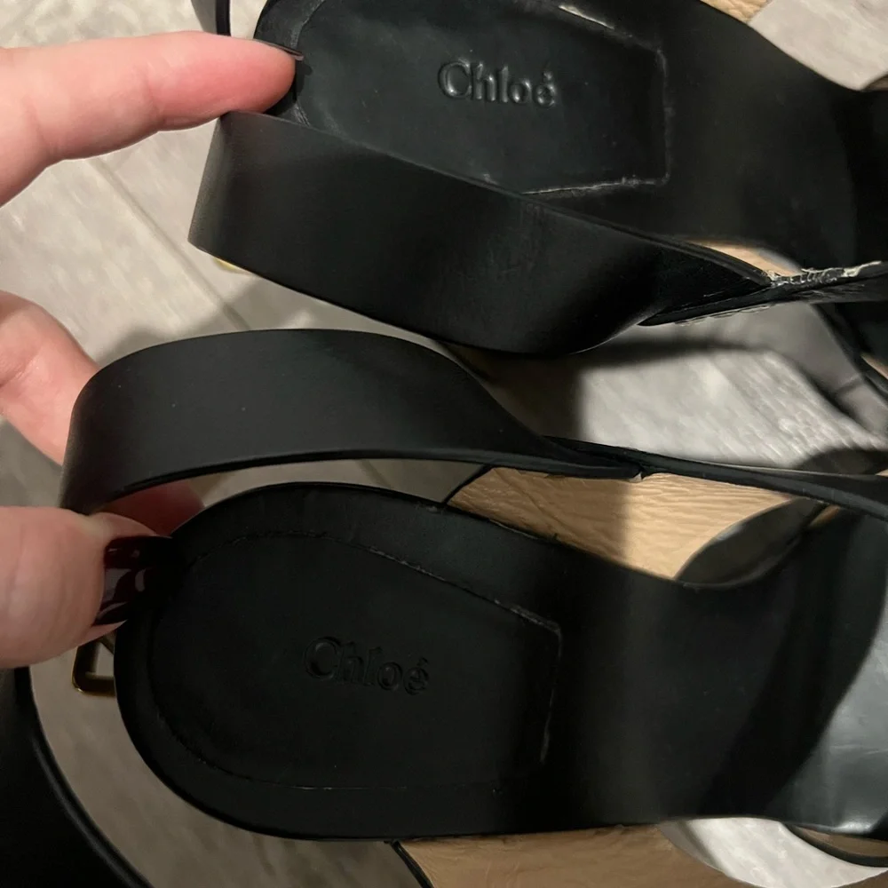 Chloe Black Wedge Sandals with Gold Buckle - Picture 4 of 5